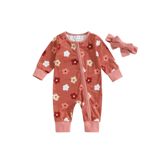 Bagilaanoe Newborn Baby Girl Fall Jumpsuits Flower Print Long Sleeve Bodysuits Headband Infant Casual Zipper One Piece Rompers