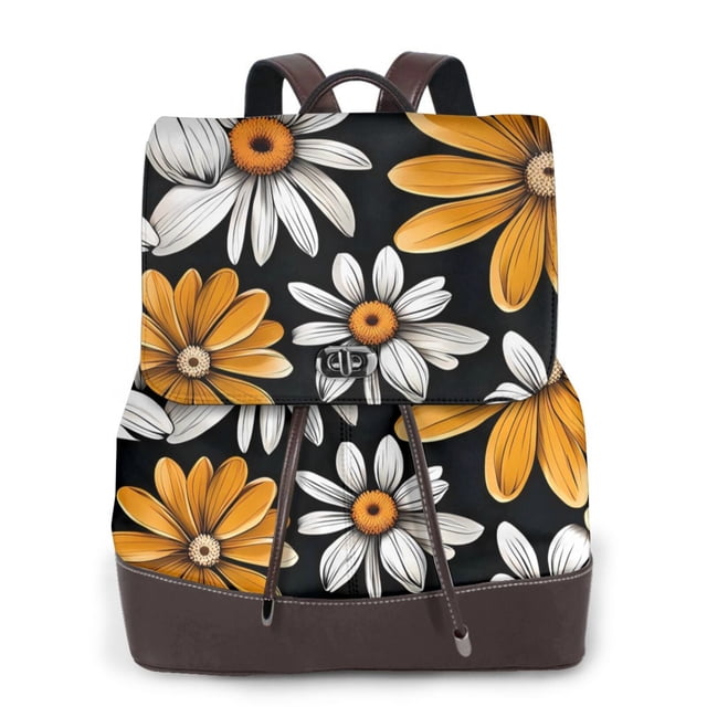 Disketp Yellow White Daisy Pattern Mochila de Cuero para Mujer, Bolso de Espalda Antirrobo con Estilo para Viaje, Trabajo y Uso Diario
