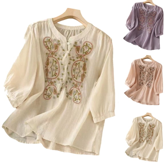 Bixock Linen Shirts for Women Crew Neck Short Sleeve Casual Tops Vintage Embroidery Loose Cropped Comfortable Breathable Pullover Blouse Beach Vacation Tops for Women Clothes