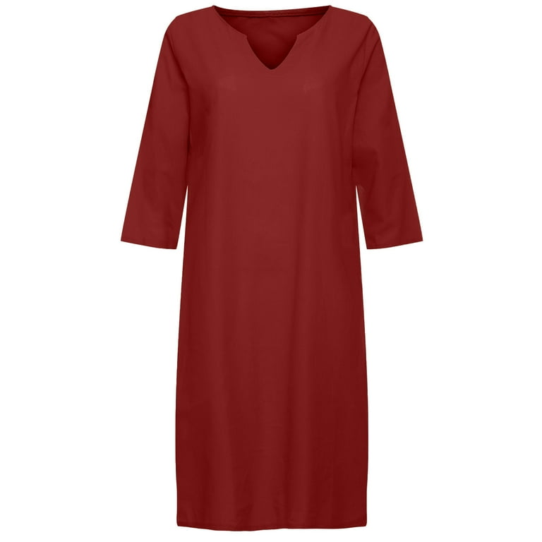 Cotton Linen Dress for Older Women Casual V Neck T Shirt Dress Summer Comfy Sun Dress Beach Solid Color Tshirt Dress