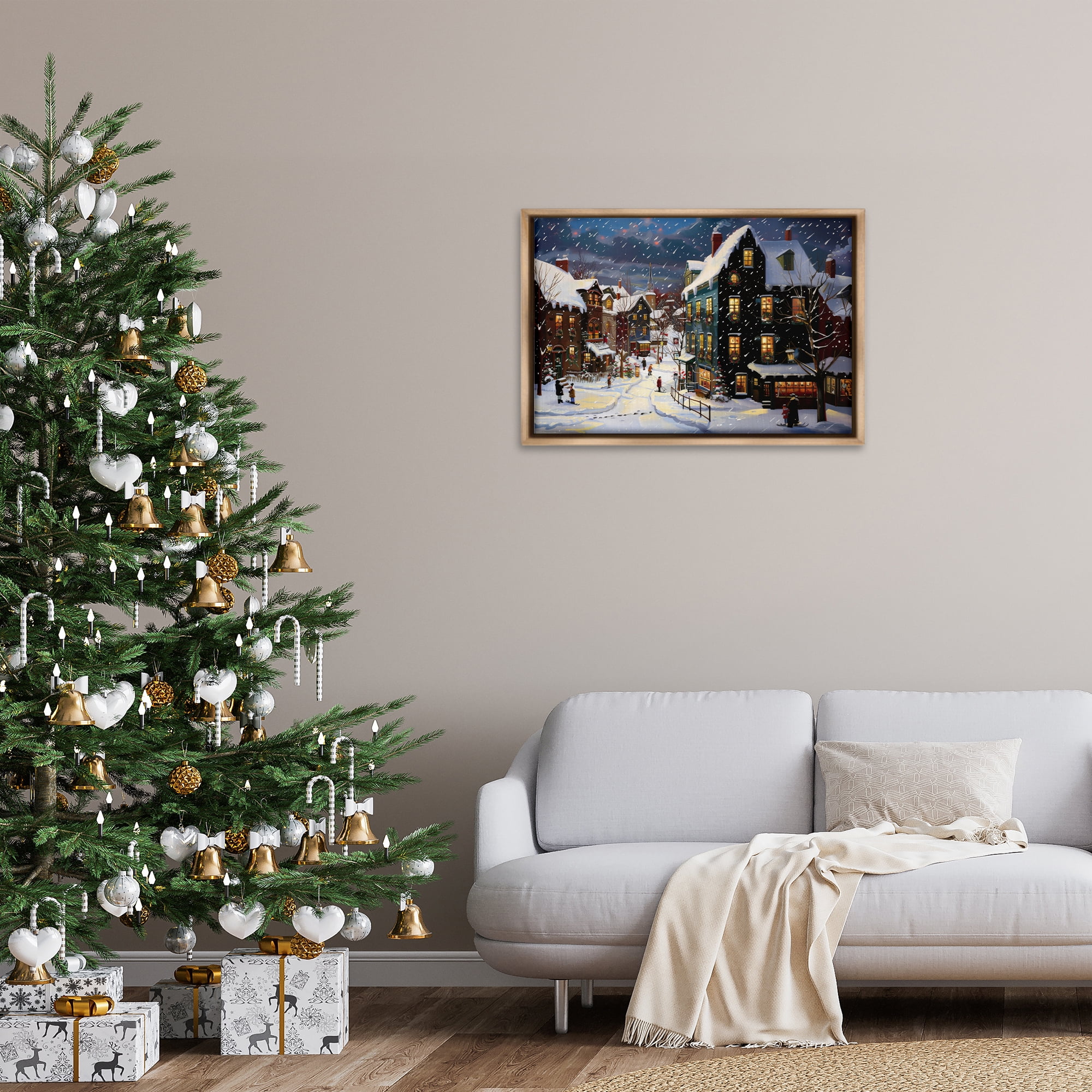 Stupell Industries Frozen Urban Charm Town & City Painting Brown Floater Framed Canvas Art Prints Wall Art, 31 x 21