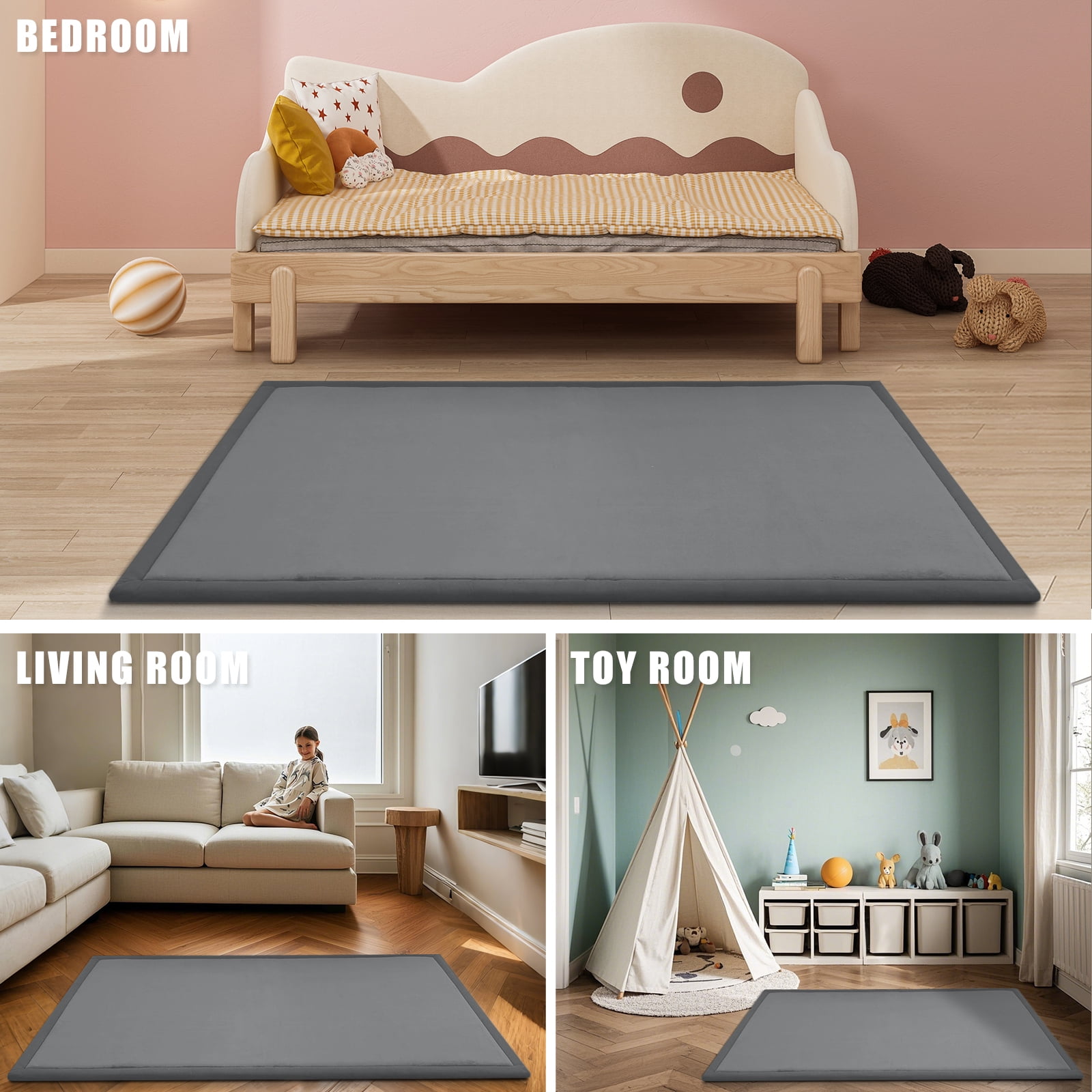 Baby Play Mat for Floor,1.2" Thick Memory foam Tummy Time Mat,Soft Coral Velvet Nursery Rug,Extra Large Non Slip Crawling Mat for Toddlers,Infants,Tatami Mat for Living Room(Dark Grey,118"X79")