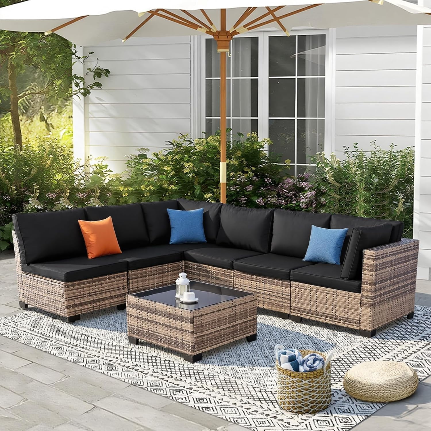 FHFO 14-Piece Patio Furniture Set,Wicker Outdoor Conversation Sectional Sofa with 2 Coffee Tables, for Backyard, Poolside & Garden, Yellow&Black