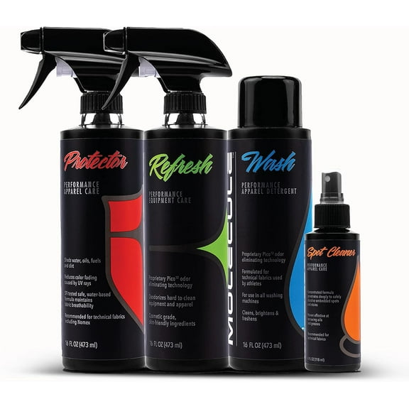 Molecule Complete Care Kit, 16 Ounces Wash, 16 Ounces Refresh, 16 Ounces Protector, 4 Ounces Spot Cleaner, Performance Apparel Care, Race Suits, Repel Stains, Cleans and Deodorizes, 16 Ounces (1 Kit)