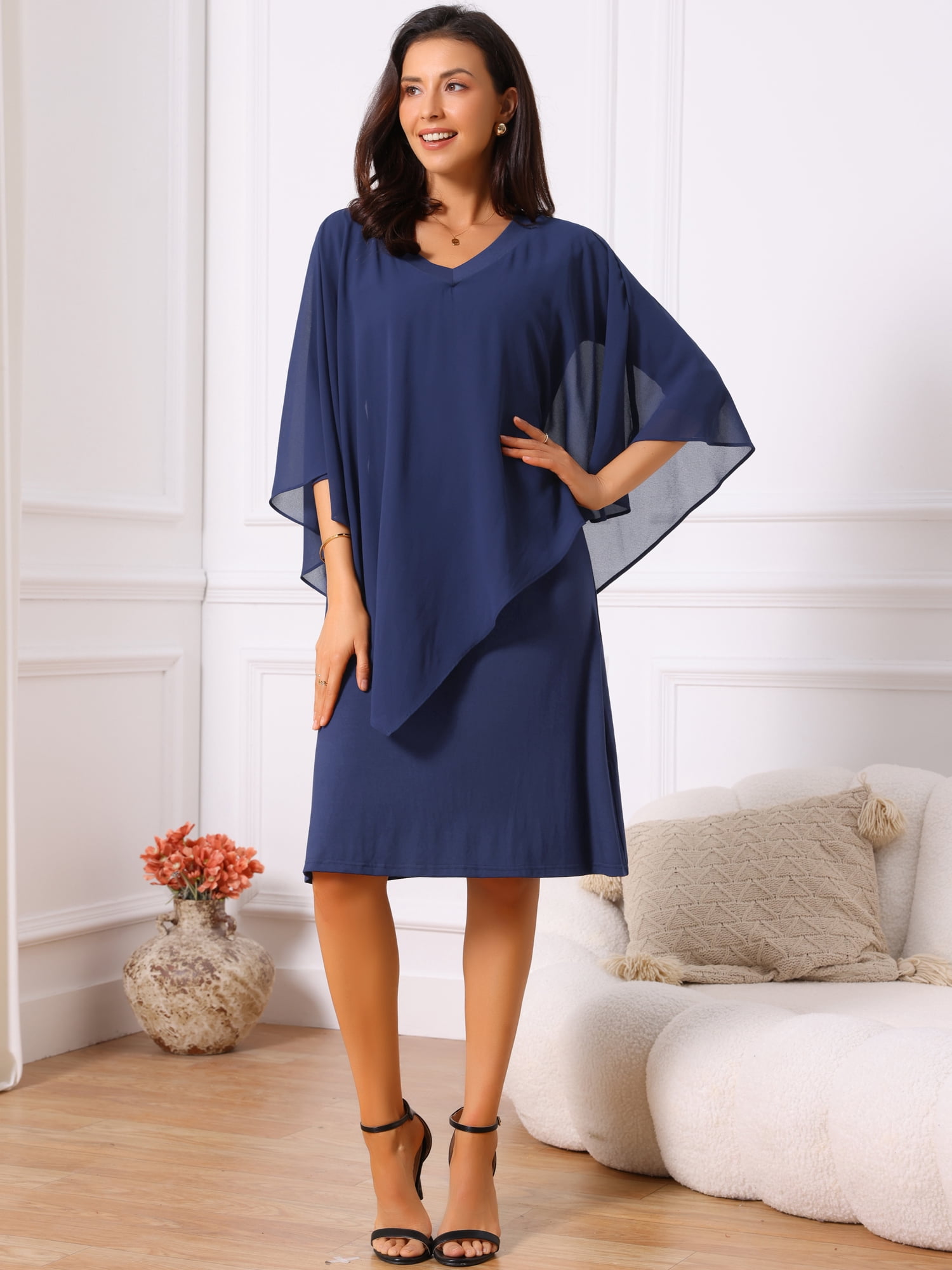 DARING DIVA 3/4 Sleeve V Neck Chiffon Cape Overlay Knee Length Dress S Dark Blue