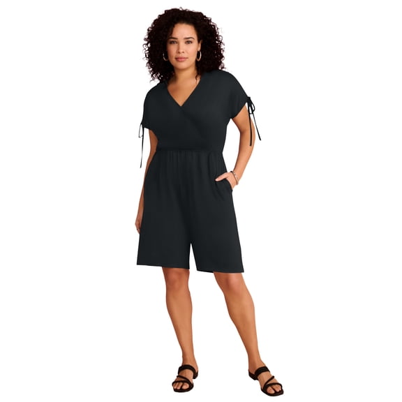 Roaman's Women's Plus Size Stretch Knit Faux-Wrap Sleeve Romper