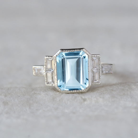 Baguette Diamond Ring, Octagon Aquamarine Ring, Engagement Ring, 925 Sterling Silver Ring, Anniversary Gift For Her