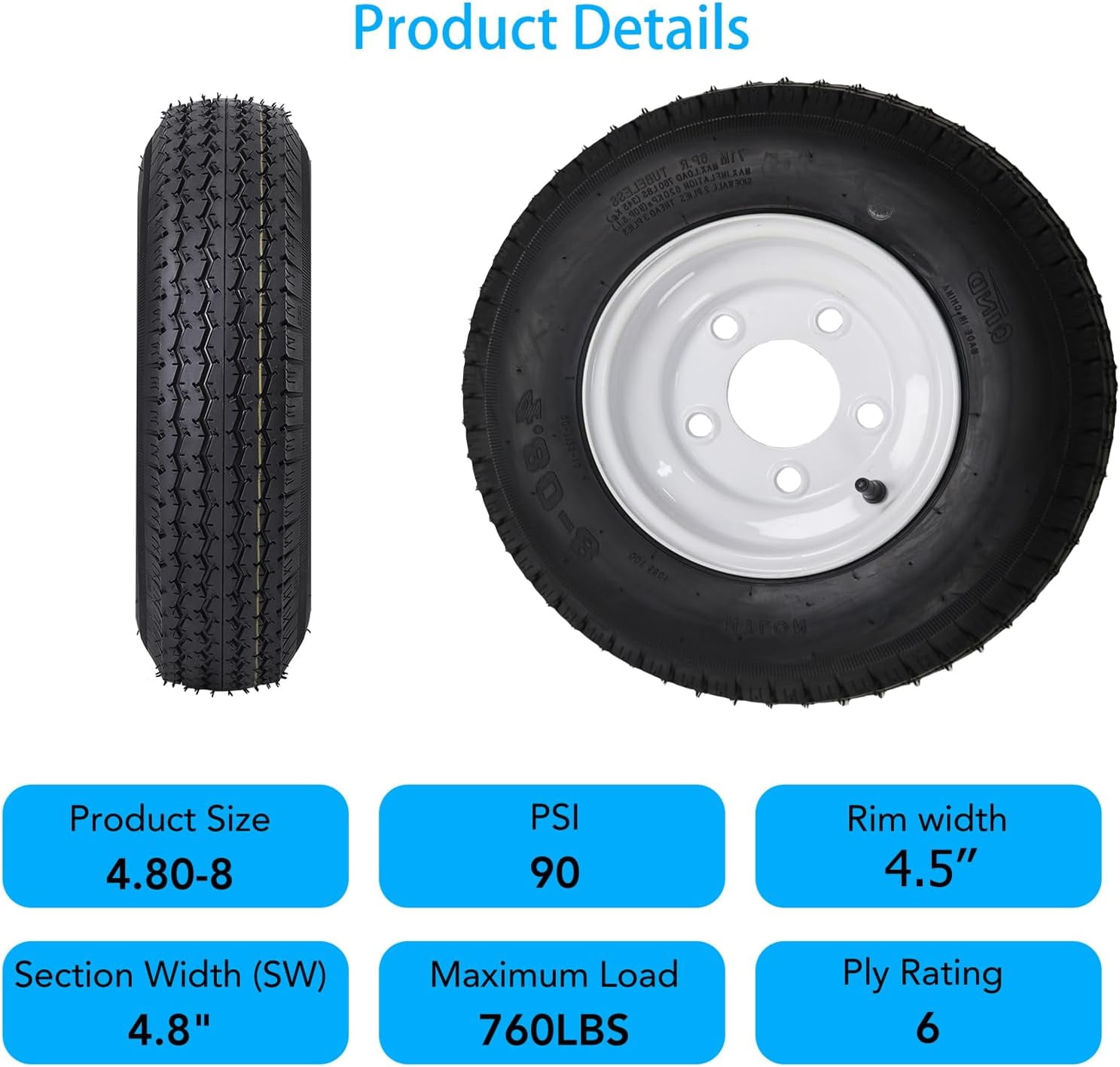 Towallmark 2 Pack 4.80-8 4.80x8 480-8 4.80-8 Trailer Tires with 8'' Rims, 5 Lug on 4.5'', Load Range C, 6PR