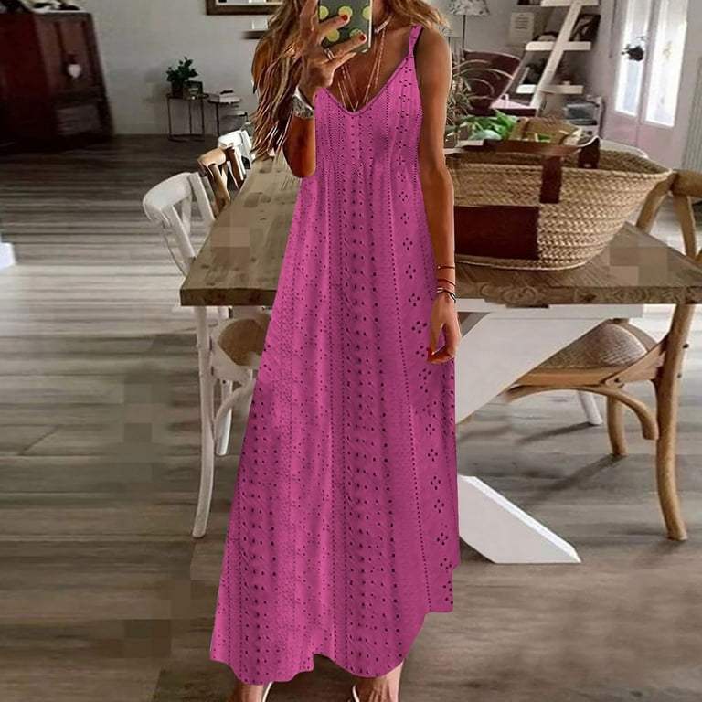 SMihono Women Eyelet Spaghetti Strap Sundress Casual Summer Long Maxi Dress  V Neck Sexy Boho Dresses Trendy Beach Clothes 2025 Hot Pink M
