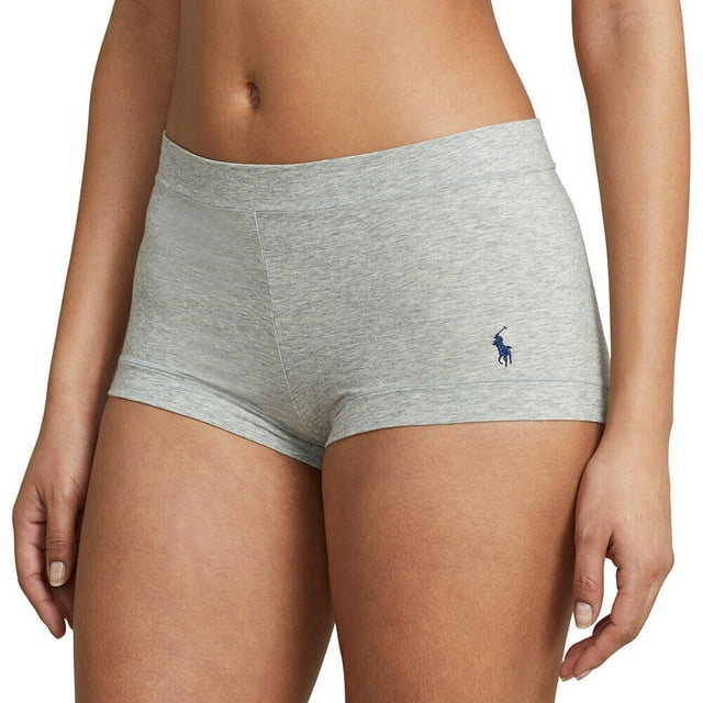 Polo Ralph Lauren Womens Mid Rise Girls Shorts in Heather Grey, size S. These mid-rise shorts feature a soft heather grey fabric with a comfortable fit and the iconic Polo Ralph Lauren logo embroidered in blue on the left leg. Designed for casual wear, they are suitable for girls' everyday activities.