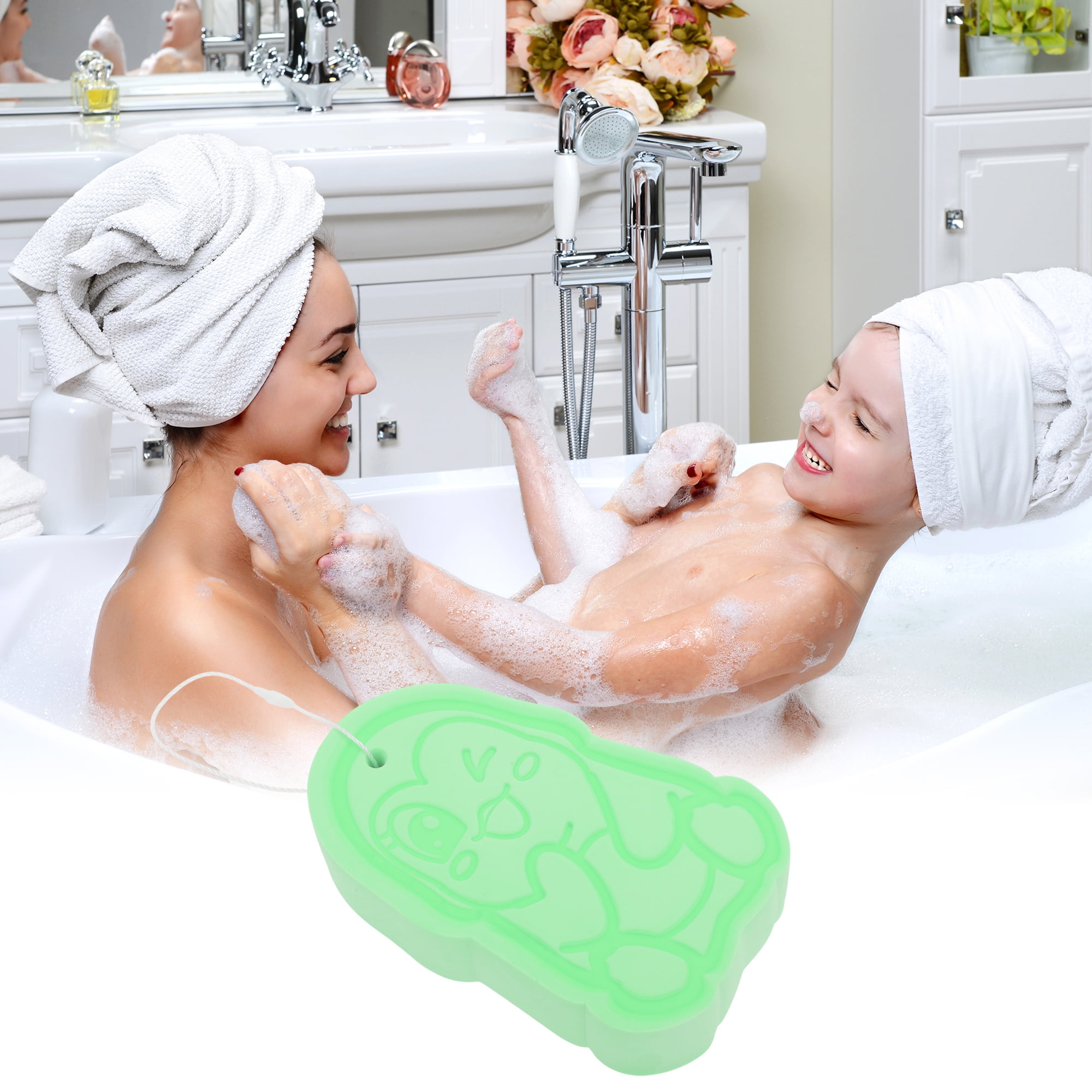 Unique Bargains Cute Penguins Pattern Bath Sponge Body Scrubber 1 Pc Cyan