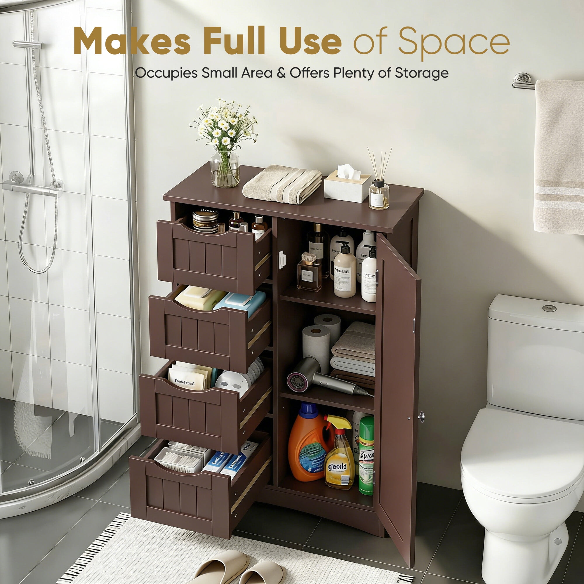 ZENSTYLE Bathroom Floor Cabinet Kitchen Organization 4 Drawers W/3 Tiers Side Space, Brown