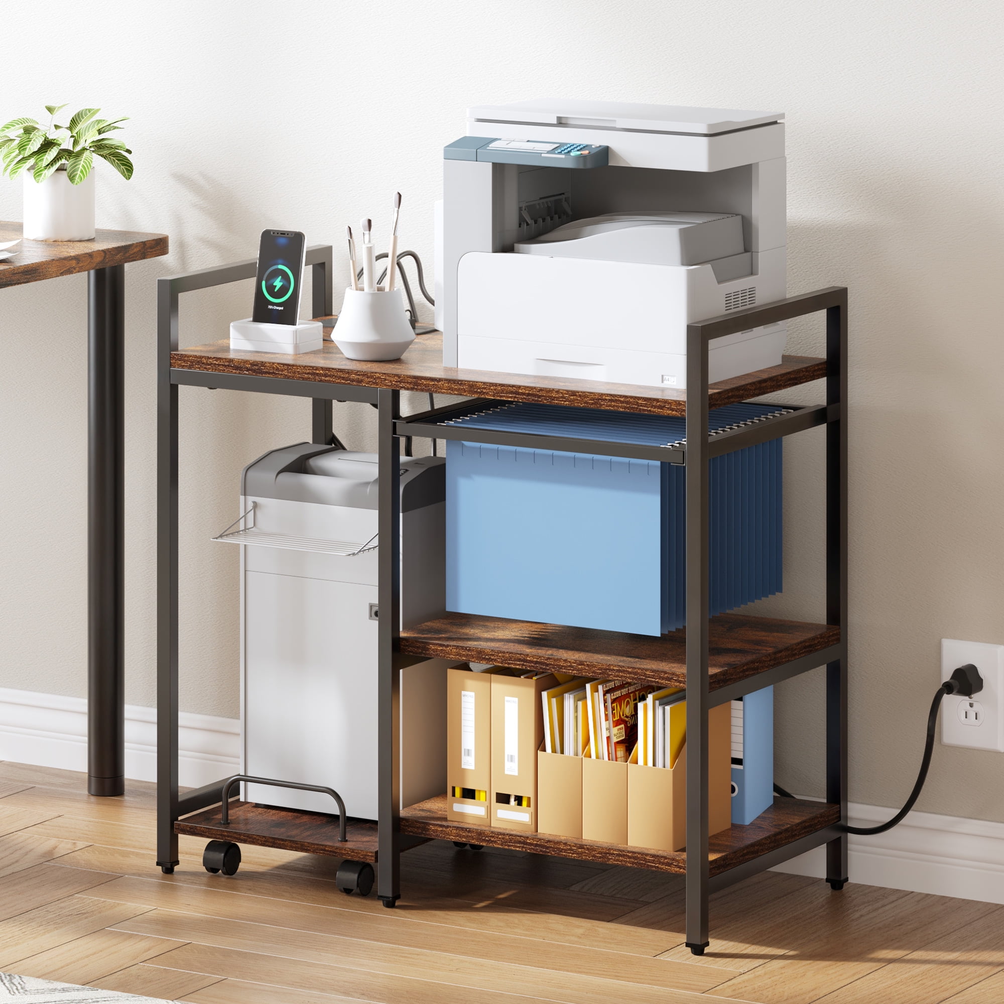 Craftian 3-Tier Printer Stand with Storage & Charging Station, File Organizer Cabinet with Open Shelves, Rolling Printer Desk Stand, Multi-Functional Home Printer Stand for Home Office, Brown