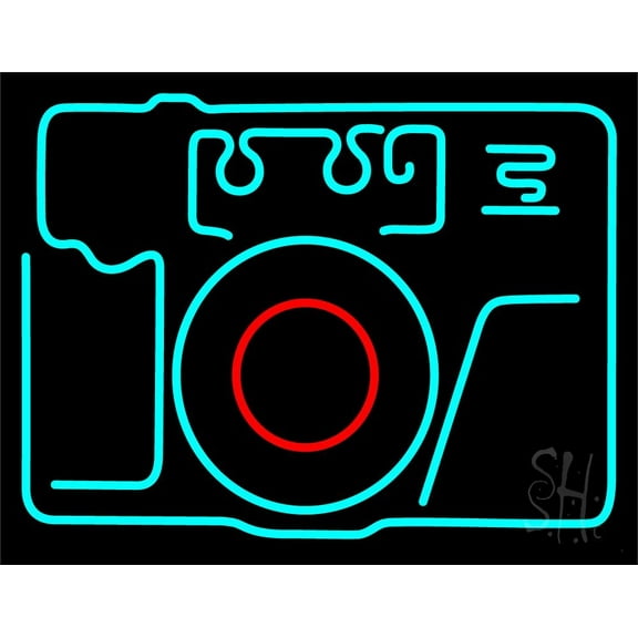 Turquoise Camera LED Neon Sign 24 x 31 - inches, Clear Edge Cut Acrylic Backing, with Dimmer - Bright and Premium built indoor LED Neon Sign for Computer & Electronics store decor.