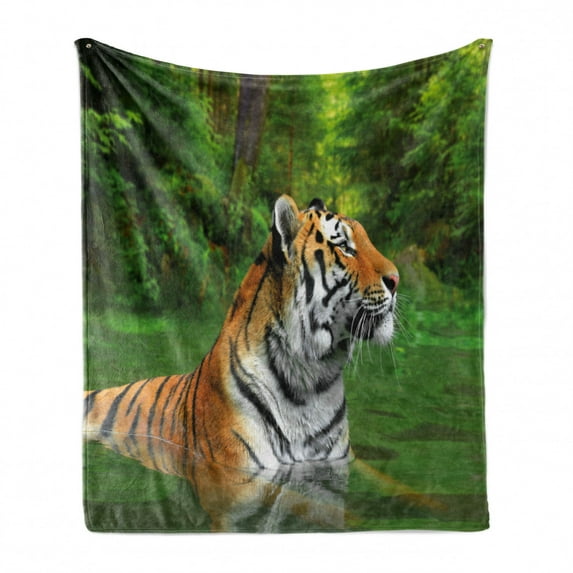 Tiger Soft Flannel Fleece Throw Blanket, Black Striped Large Cat from Siberia Swimming in the Lake in the Forest, Cozy Plush for Indoor and Outdoor Use, 70" x 90", Fern Green Pale Brown, by Ambesonne