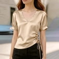 thumbnail image 5 of cocolona Womens Summer Satin Tops V Neck Short Sleeve Drawstring Side Slim Fit Shirt Trendy Casual Solid Color Blouses, 5 of 5