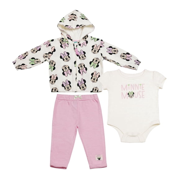 Disney Clothes Baby Girls 3-Piece Layette Set – Minnie Mouse Newborn Outfit Set with Hooded Jacket, Short Sleeve Bodysuit & Pants (Sizes 0/3M–6/9M)