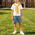 thumbnail image 5 of Boys 4 Pieces Back To School Outfit Round Neck Solid Short Sleeve Tee and Pockets Denim Shorts and Shawl and Knee High Socks Performance Outfits Casual Clothes Set 3-16 Years, 5 of 9