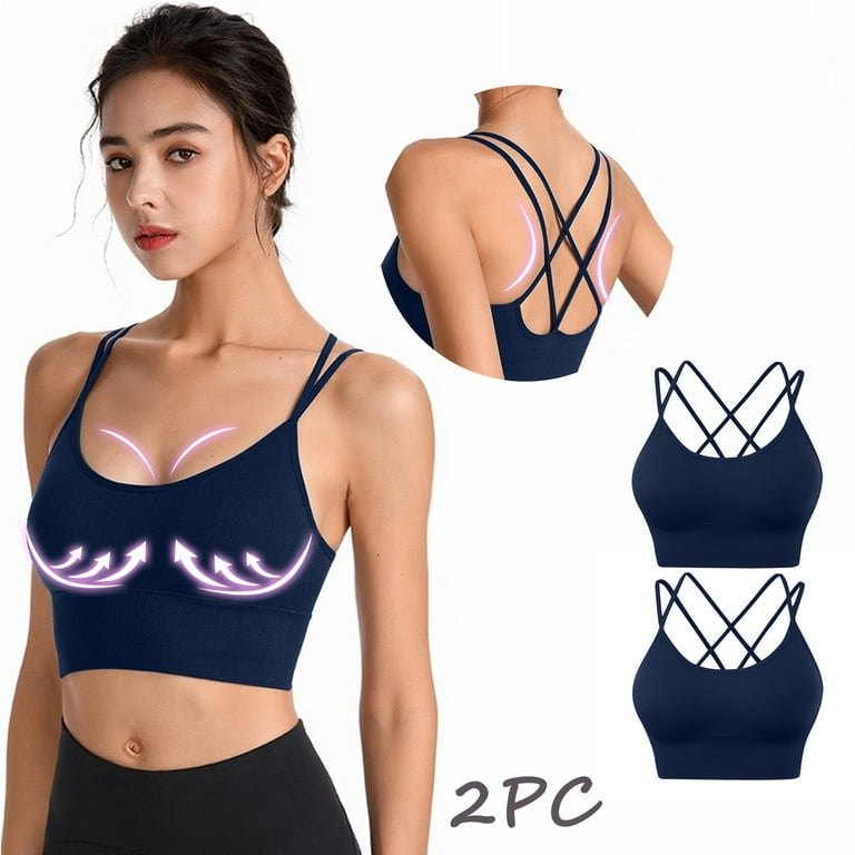 2PCS Pack Comfy Bra Womens Back Sport Bras Padded Strappy Criss Cropped Bras  For Yoga Workout Fitness Low Impact Bras 