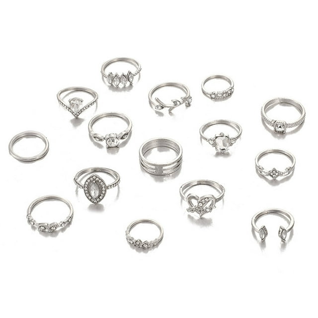 Mistaha Chic Geometric Leaf and Heart Diamond Ring Set - 15 Pieces, Silver Alloy Material, Vintage Style Knuckle Rings, Fashionable OL Statement Piece