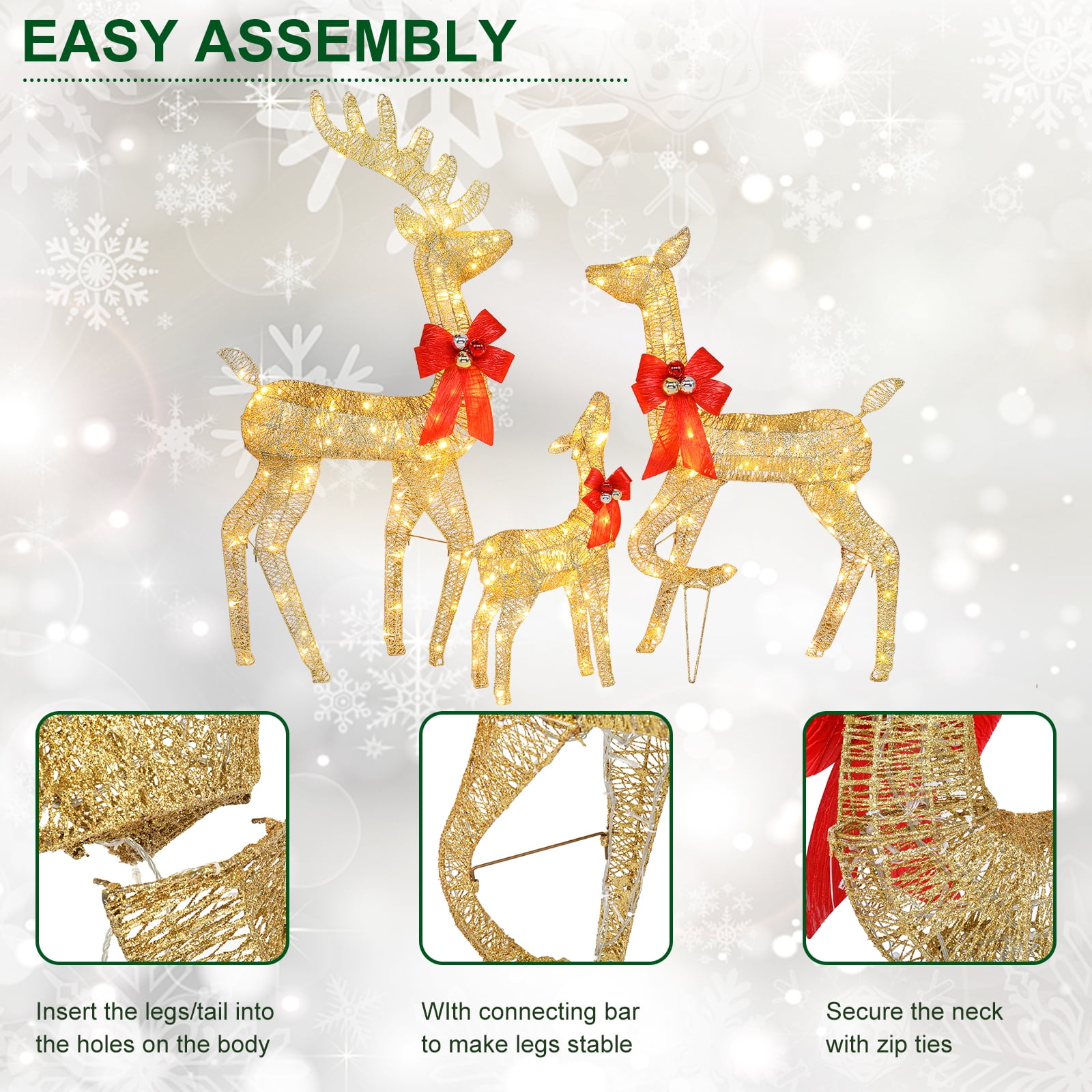 Astoutdoor Golden Iron Frame 3-Piece Family Elk Decoration with Lights