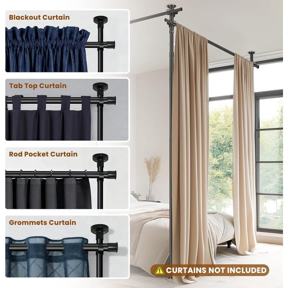 Room Divider Tension Rod No Drilling, Adjustable 72-200" W x 43-120" H Room Divider Curtain Rod, Black