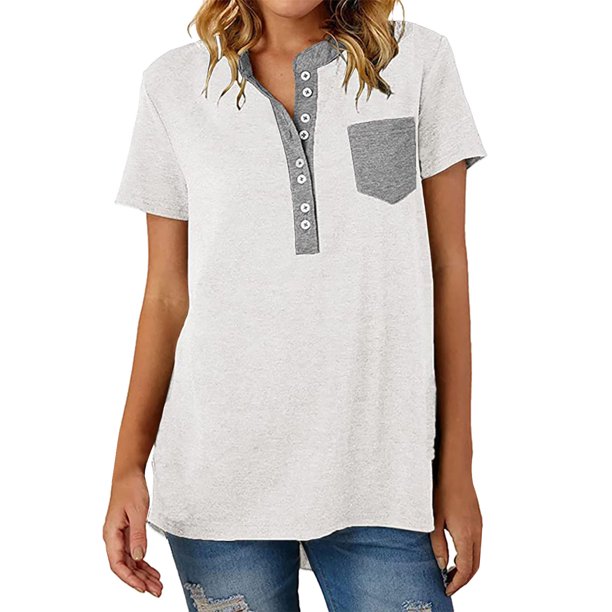 Gibobby Camiseta de manga corta para mujer Camiseta manga corta con bolsillo y cuello en V color liso para mujer(Blanco,M)