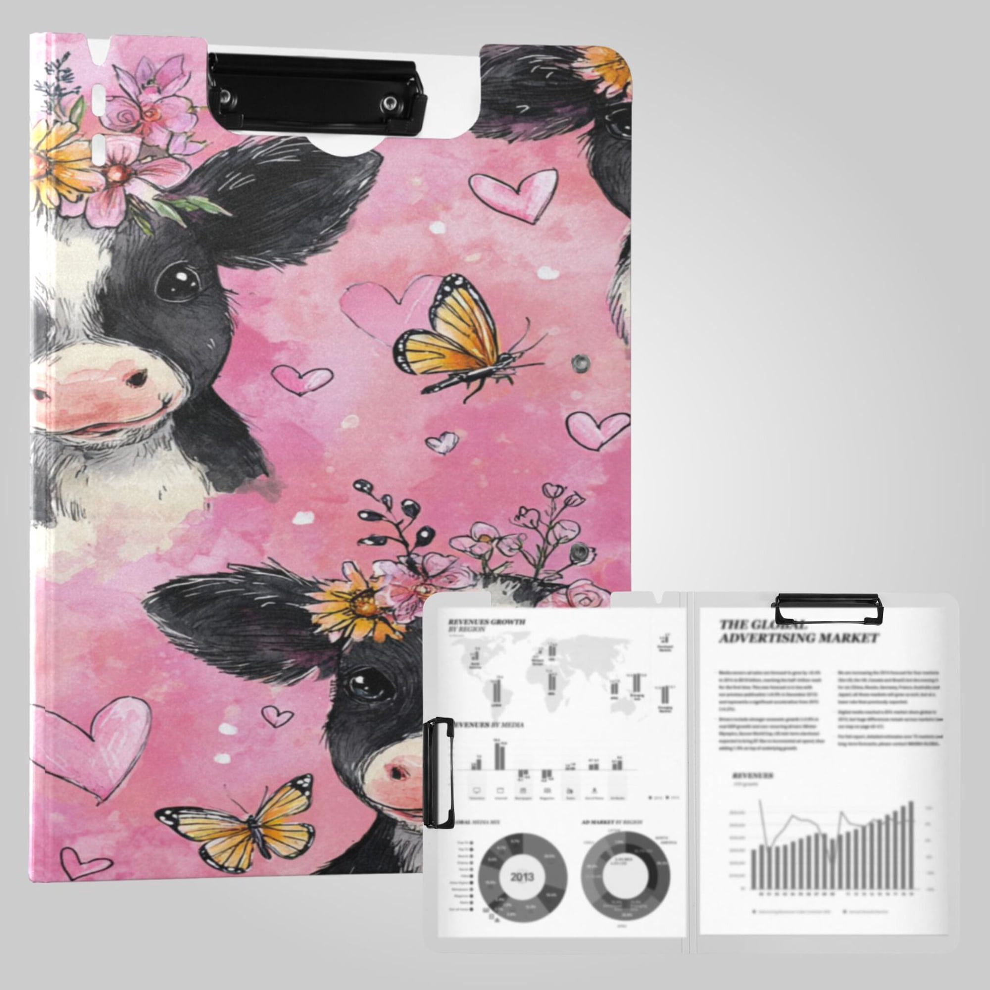 Foldable Binder Clipboards 360°Portable Plastic Folder Clipboard Extra Large Capacity Organizer Binder 18.9" x 12.6" for College Office Home Cute Baby Cows with Flowers