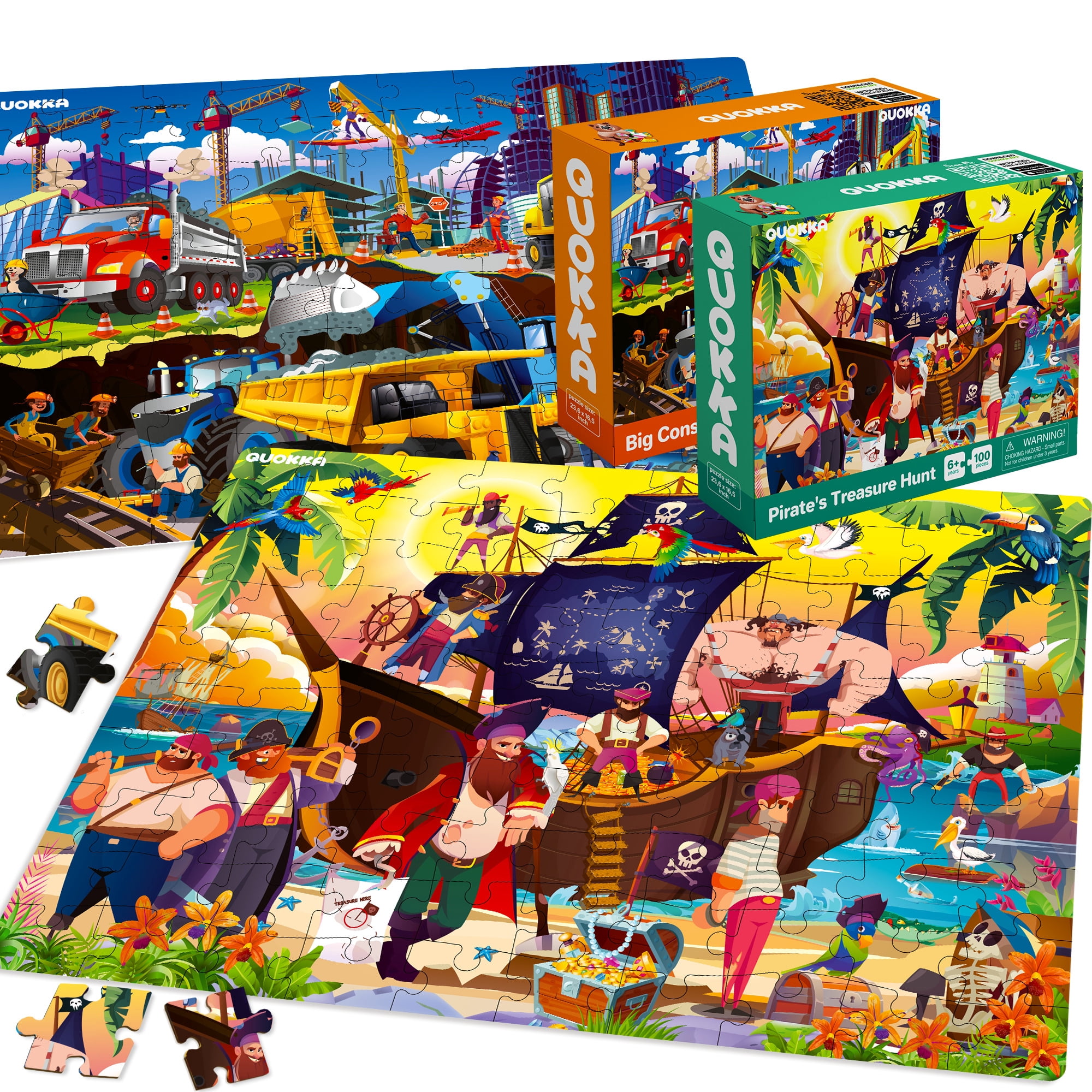 QUOKKA 100 Piece Puzzles for Kids Ages 4 6 - 3 Floor Puzzles for Toddlers 3 5 - Pirates Dragons