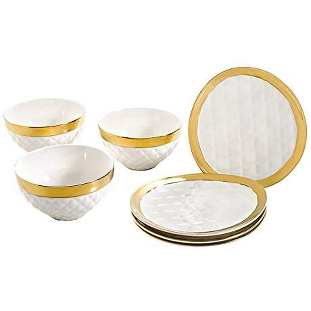 Quilted Collection Dinner Set for 4, White & Gold Porcelain Dinner