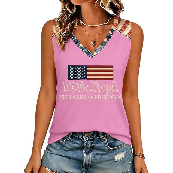 American Flag Womens Tank Tops Summer Patriotic Loose Fit Sleeveless V Neck 250th Anniversary Usa Shirt We The People 250 Anniversary USA Flag 4th Of July Shirts Women Festival Vest Tees Pink M