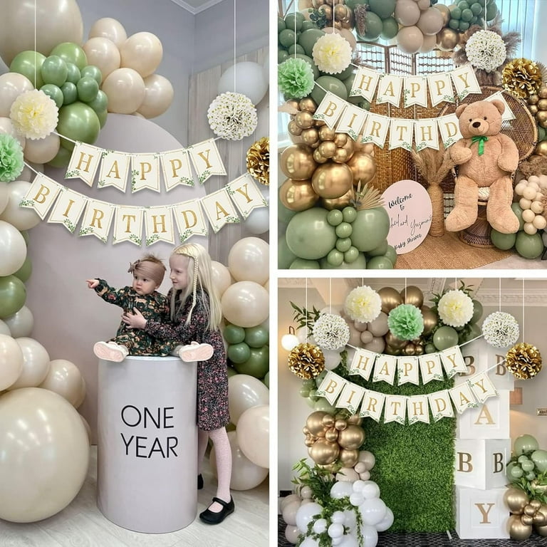 Verjaardag decoratie 1 jaar meisje jongen, kinderen verjaardag decoratie groene ballonnen met foto slinger, pompons, happy birthday banner, ballonnen 1 verjaardag, taarttopper Verjaardag decoratie 1 jaar meisje jongen, kinderen verjaardag decoratie groene ballonnen met foto slinger, pompons, happy birthday banner, ballonnen 1 verjaardag, taarttopper