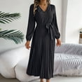 thumbnail image 2 of Diufon Womens Long Sleeve Dresses Fall V Neck Button Maxi Dress Lace-Up Waisted A-Line Pleated Dress, 2 of 7