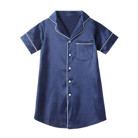 shoper Girls Sleep Gowns Size 14 Lapel Solid Color Short Sleeve Button Down Fashion Kids' Pajamas Girls' Cozy Nightwear Sleepwear Navy 160