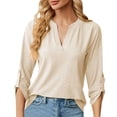 thumbnail image 2 of Lixiuxyad Women's V Neck Button Detail 3/4 Sleeve T Shirt For Casual Wear Floral Cute,Beige L, 2 of 7