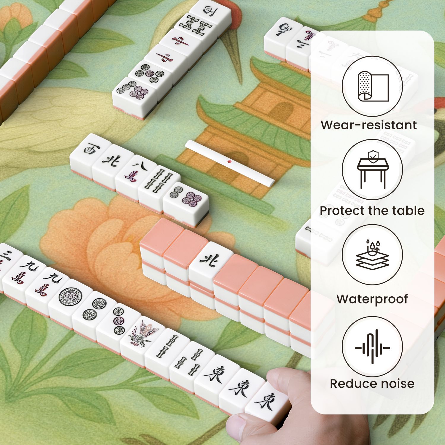 Mahjong Mat 31.5" x 31.5" Elegant Crane Birds Anti-Slip and Noise Reduction Symmetry Design Mahjong Tiles Table Cover for Dominoes Poker Card Board and Tile Games