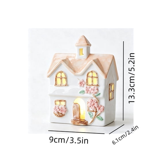 Mini LED Glowing Village Figurine, Ceramic Light Up House for Mantel Shelf Desk