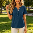thumbnail image 6 of Short Sleeve Tops Women Summer Henley V Neck T Shirts Casual Color Block Raglan Shirts Cotton Baseball Tunic Tees Dark Blue L, 6 of 7