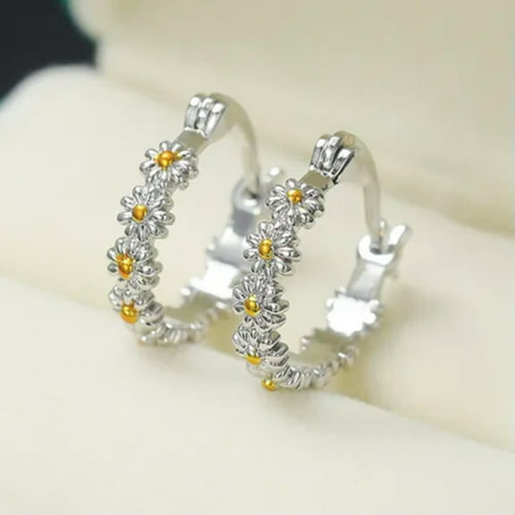 Two Tone 925 Silver Women Jewelry Gift Creative Flower Shape Hoop Earring