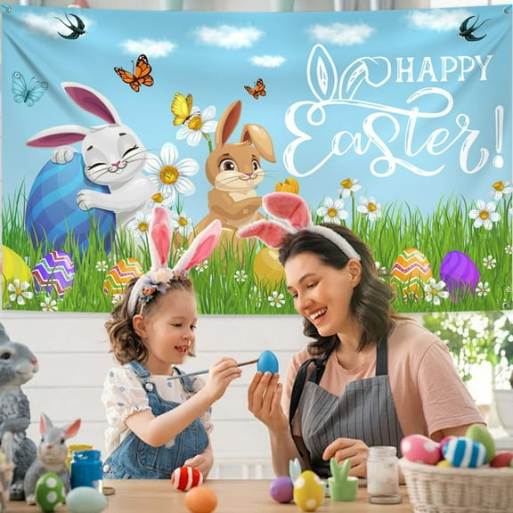 Under $10 Tupukom Indoor Easter Decor Easter Dinner Party Activity Background Cloth Bunny Eggs Background Decoration Hanging Cloth Photo Props
