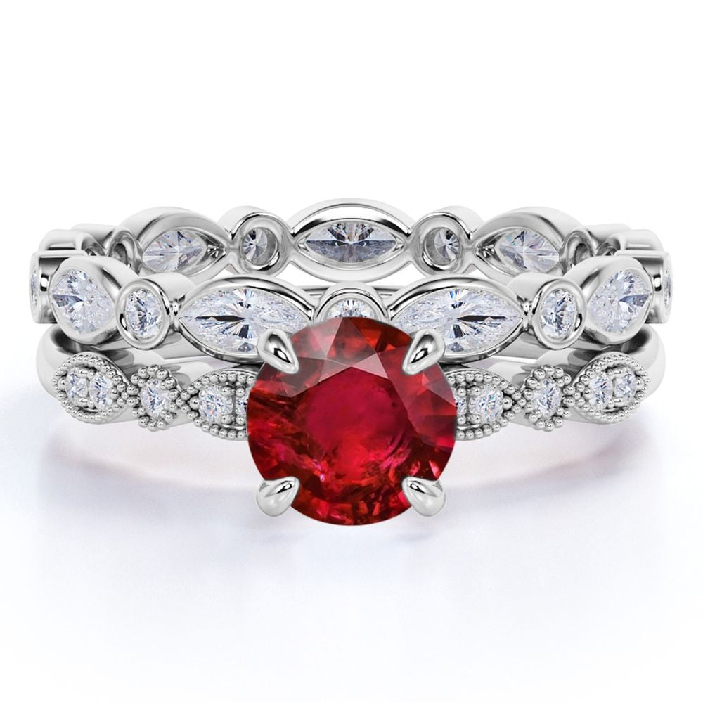 JeenMata 2 Carat Round Cut Burmese Dark Red Lab Created Ruby Bridal Set in 18k White Gold over Silver
