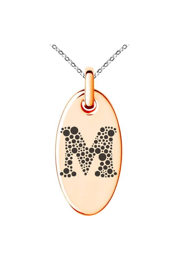 Stainless Steel Letter M Initial Dotted Monogram Engraved Small Oval Charm Pendant Necklace