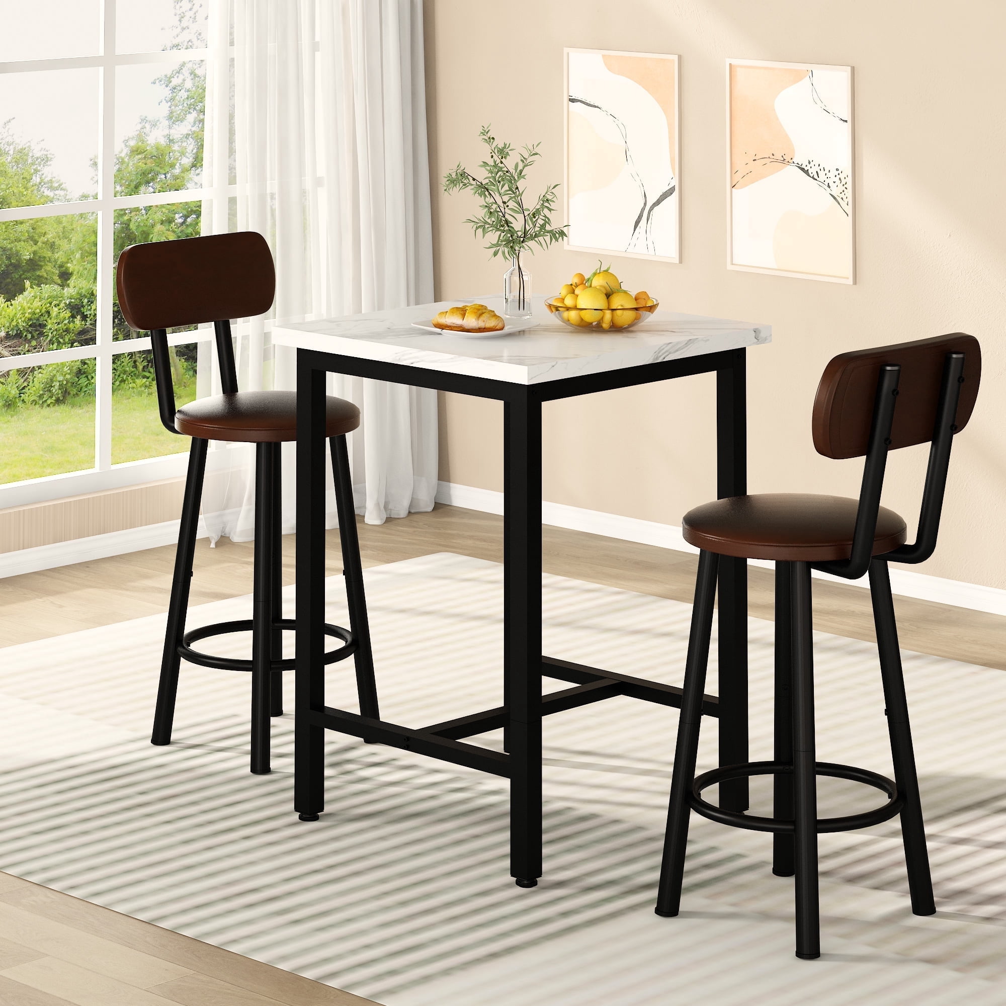 MIERES Square Marble Dining Table Set, 2-Seater Kitchen Dining Set with Two Bar Stools, Compact Dining Table, White