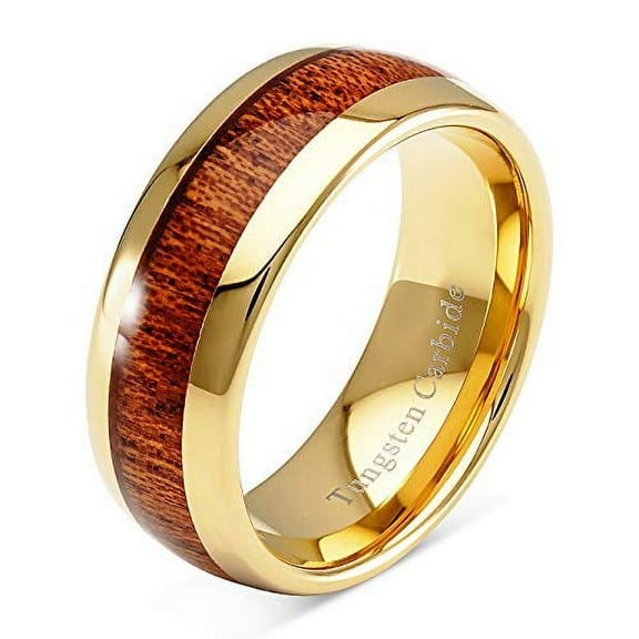 100S JEWELRY Mens Wedding Bands Tungsten Rings Koa Wood Inlay 14k Gold Plated Size 6-16 (Tungsten, 7.5)