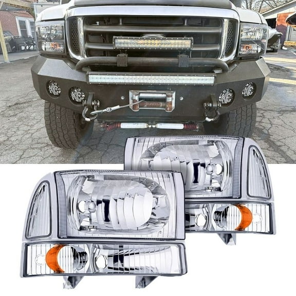Headlight Assembly Replacement for 1999-2004 Ford F250 F350 F450 F550 Super Duty / 2000-2004 Headlamp Set Driver & Passenger Side (Chrome Housing with Amber Reflector)