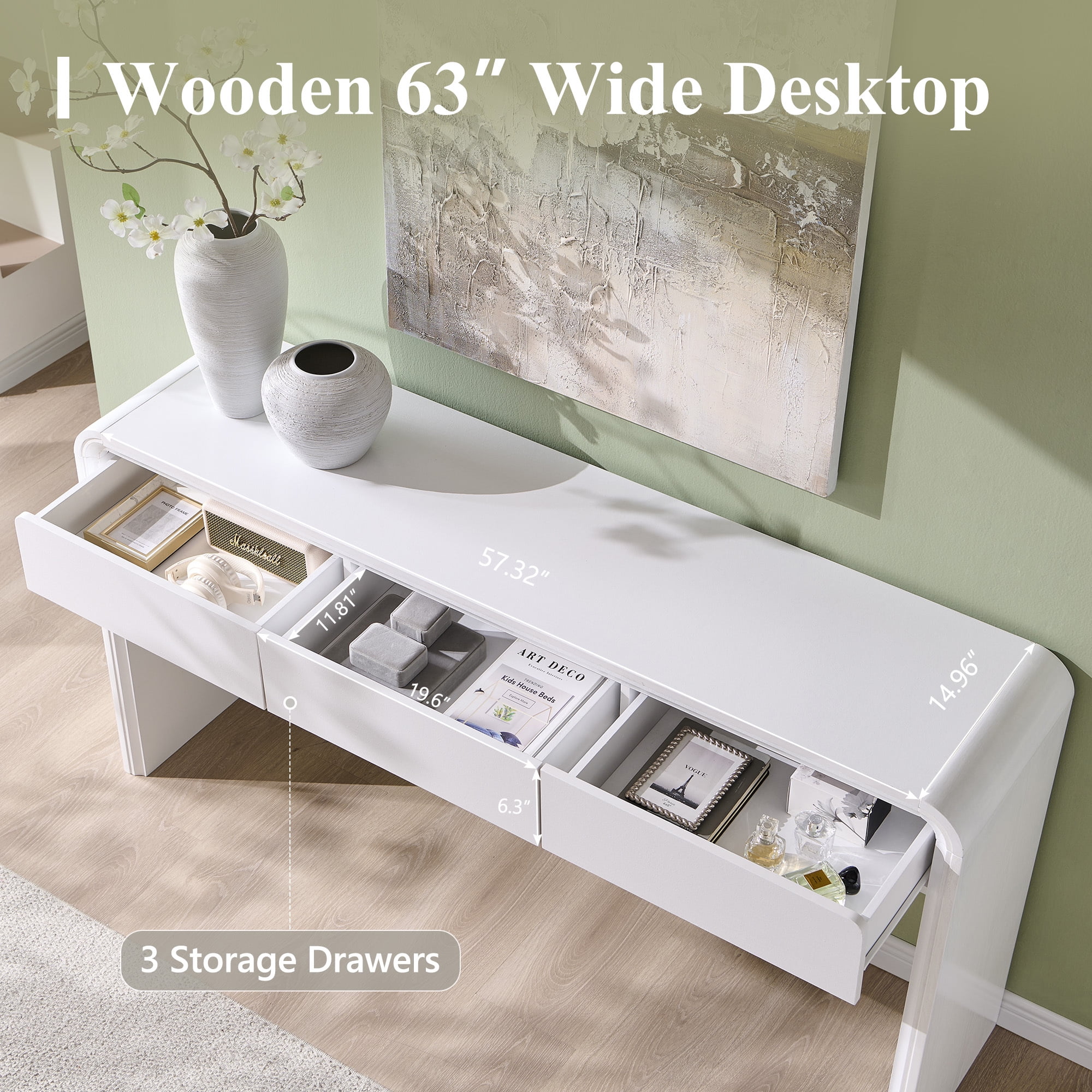 wow97e Modern Console Table for Entryway, 63" Long Entryway Table with 3 Drawer, Curved Profile Design, Sofa Table Behind Couch for Living Room, Hallway