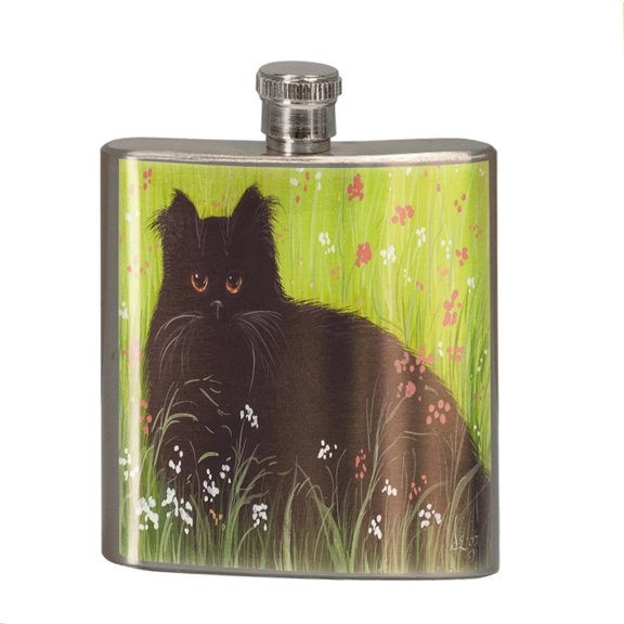 KuzmarK 6 oz. Stainless Steel Pocket Hip Liquor Flask - Black Persian Cat Art by Denise Every