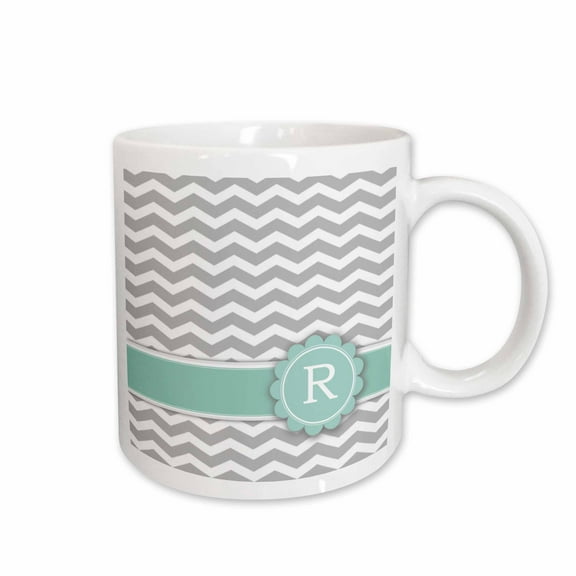 3drose, Letter R Monogrammed on Grey and White Chevron with Mint - Gray Zigzags - Personal Initial Zig Zags, 11oz Mug