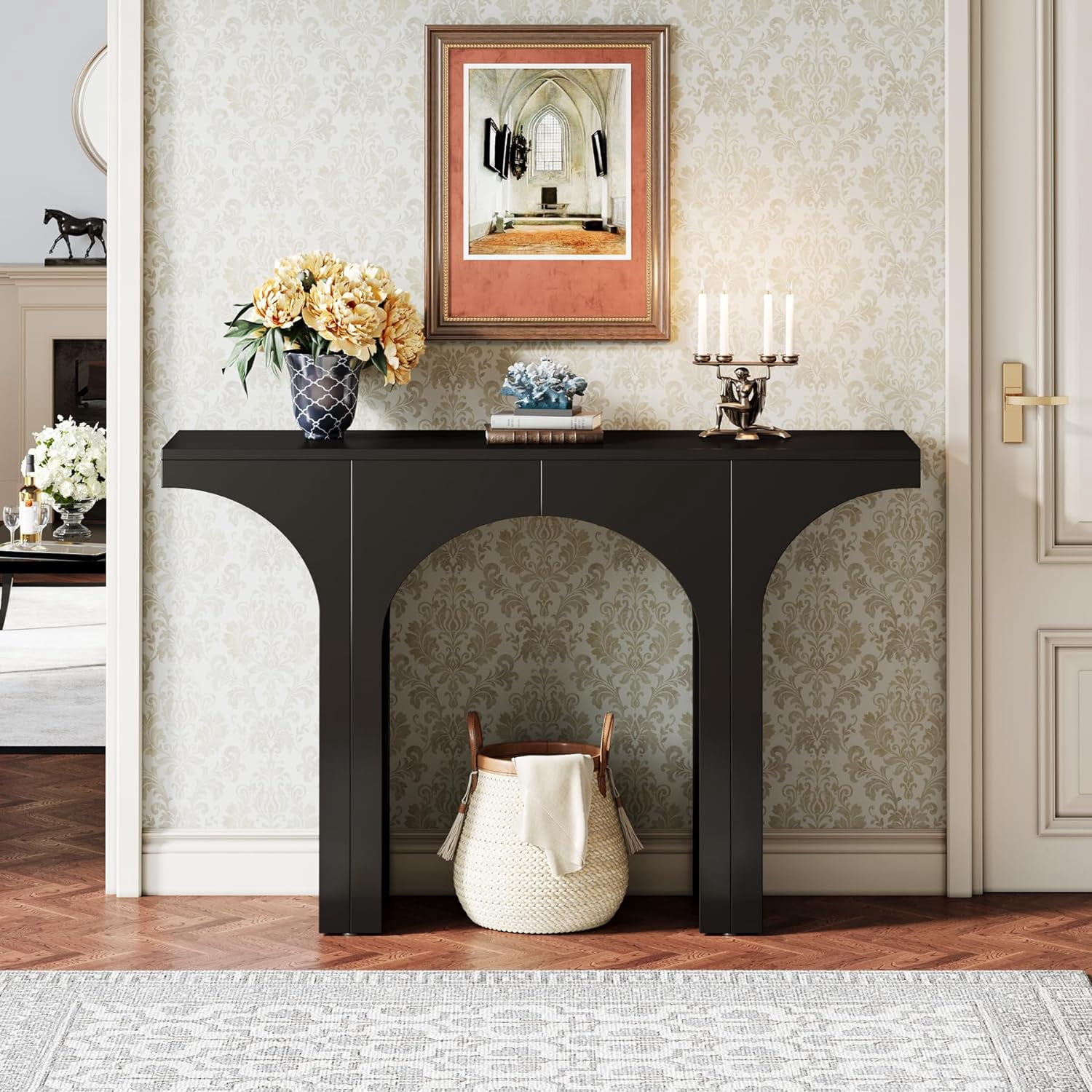 Finmind 47" Modern Hallway Console Table, Arch Base, Wood Entryway Table, Black