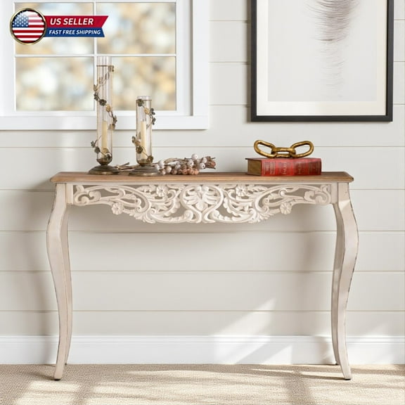 Hassch Vintage Console Table in Antique White, 43.31" Distressed Carved Sofa Table with Natural Wood Textured Top, Scalloped Edge and Curved Legs for Living Room, Entryway, Hallway, Foyer